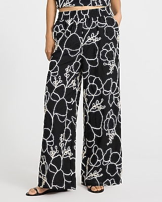 Floral Embroidered High Waisted Pull On Pant