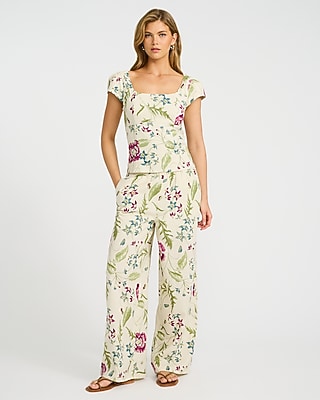 Linen-Blend Floral High Waisted Pull On Wide Leg Pant
