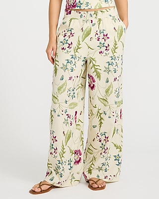 Linen-Blend Floral High Waisted Pull On Wide Leg Pant