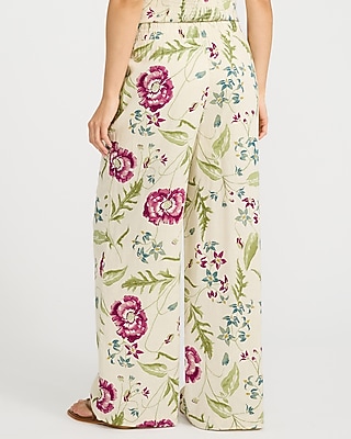 Linen-Blend Floral High Waisted Pull On Wide Leg Pant