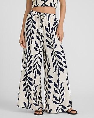 Leaf Print High Waisted Pull On Wide Leg Pant