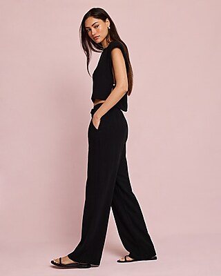 Linen-Blend High Waisted Pull On Wide Leg Pant