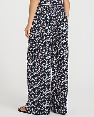 Floral High Waisted Drawstring Pull On Wide Leg Pant
