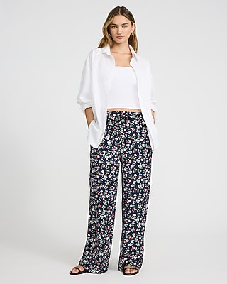 Floral High Waisted Drawstring Pull On Wide Leg Pant