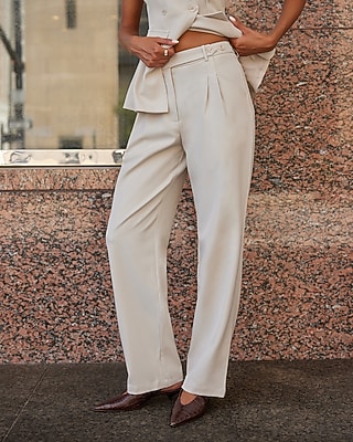 High Waisted Button Tab Waistband Straight Pant