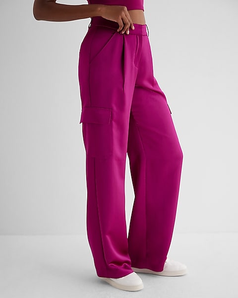 HUPOM Womens Trouser Pants Cargo Pants Standard High Waist Rise Ankle  Flare-Leg Hot Pink XL 