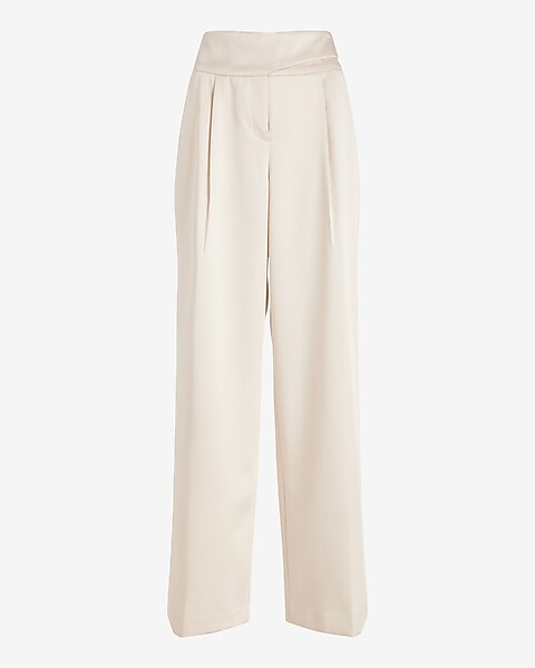 Cream High Waist Belted Pants with Button Cuff