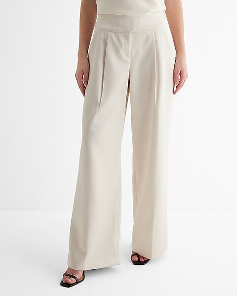 Cream High Waist Belted Pants with Button Cuff - WANTS
