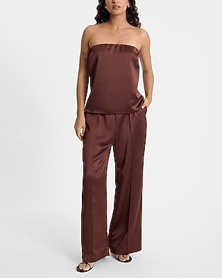 High Waisted Satin Pintuck Pull On Trousers