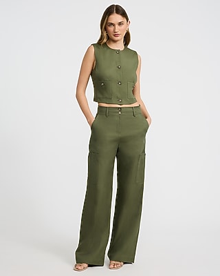 Linen-Blend High Waisted Wide Leg Cargo Trouser