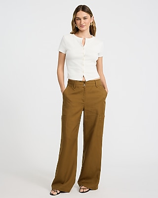 Linen-Blend High Waisted Wide Leg Cargo Trouser
