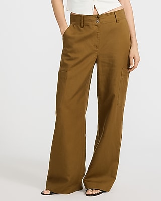 Linen-Blend High Waisted Wide Leg Cargo Trouser