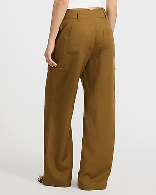 Linen-Blend High Waisted Wide Leg Cargo Trouser