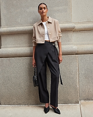 High Waisted Wrap Front Belted Straight Leg Pant