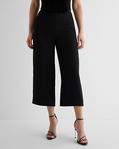 High Waisted Feather Hem Cropped Wide Leg Pant