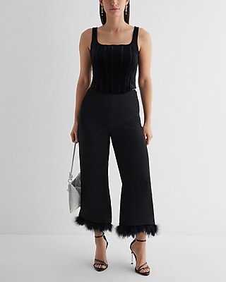 High Waisted Feather Hem Cropped Wide Leg Pant