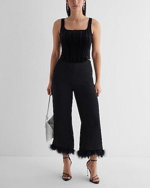 High Waisted Feather Hem Cropped Wide Leg Pant