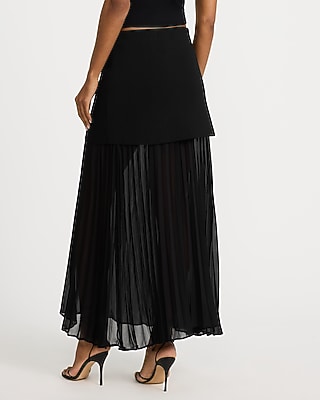 Mixed Media Sheer Chiffon Pleated Sweater Maxi Skirt
