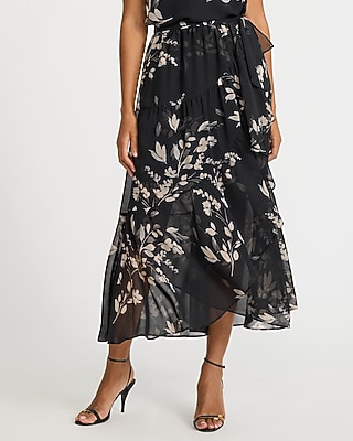 Super High Waisted Printed Chiffon Tiered Wrap Maxi Skirt