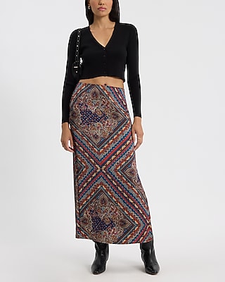 High Waisted Satin Paisley Side Slit Maxi Skirt