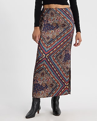 High Waisted Satin Paisley Side Slit Maxi Skirt