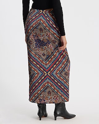 High Waisted Satin Paisley Side Slit Maxi Skirt