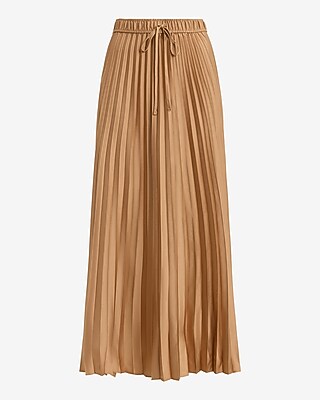 High Waisted Satin Drawstring Pleated Midi Skirt