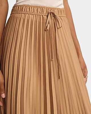 High Waisted Satin Drawstring Pleated Midi Skirt