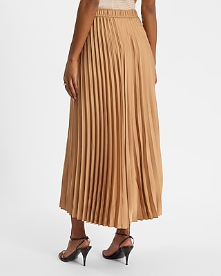 High Waisted Satin Drawstring Pleated Midi Skirt