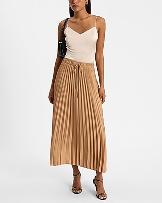 High Waisted Satin Drawstring Pleated Midi Skirt