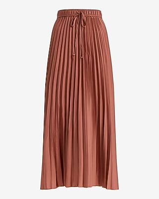 High Waisted Satin Drawstring Pleated Midi Skirt | Express