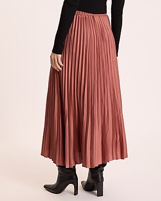 High Waisted Satin Drawstring Pleated Midi Skirt | Express