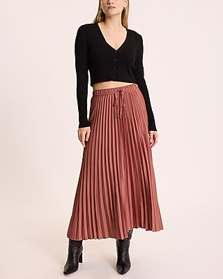 High Waisted Satin Drawstring Pleated Midi Skirt | Express