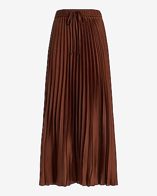 High Waisted Satin Drawstring Pleated Midi Skirt