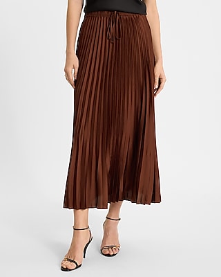 High Waisted Satin Drawstring Pleated Midi Skirt