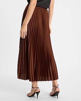 High Waisted Satin Drawstring Pleated Midi Skirt