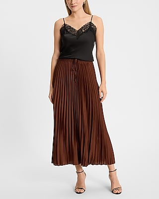 High Waisted Satin Drawstring Pleated Midi Skirt