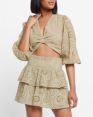 Express  Bow Puff Sleeve Corset Cropped Top in Light Yellow