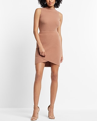 Super High Waisted Cable Knit Faux Wrap Mini Sweater Skirt