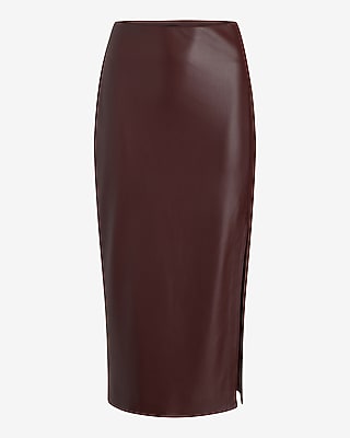 Super High Waisted Faux Leather Side Slit Midi Skirt
