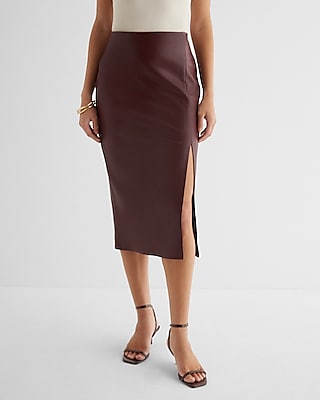 Super High Waisted Faux Leather Side Slit Midi Skirt