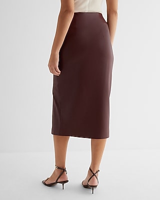Super High Waisted Faux Leather Side Slit Midi Skirt