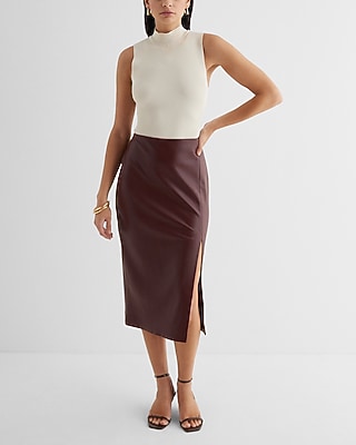 Super High Waisted Faux Leather Side Slit Midi Skirt