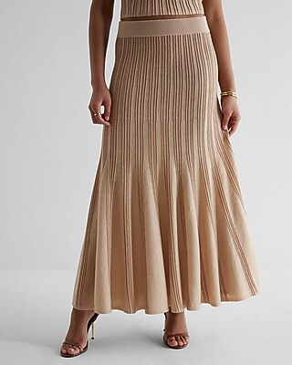 Metallic Ribbed High Waisted Fit And Flare Midi Skirt | Express