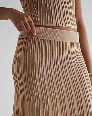Metallic Ribbed High Waisted Fit And Flare Midi Skirt | Express