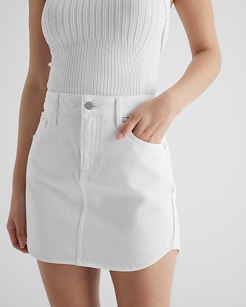 High Waisted White Mini Denim Skirt | Express