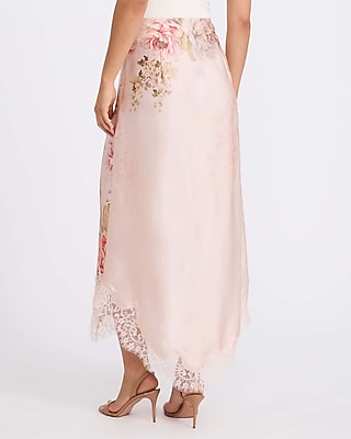 Floral Satin Lace Trim High Waisted Maxi Skirt