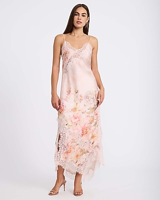 Floral Satin Lace Trim High Waisted Maxi Skirt