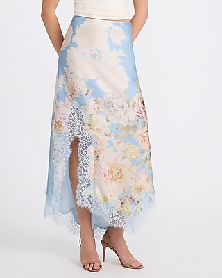 Floral Satin Lace Trim High Waisted Maxi Skirt