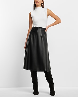 Basque Faux Leather A Line Midi Skirt In Black